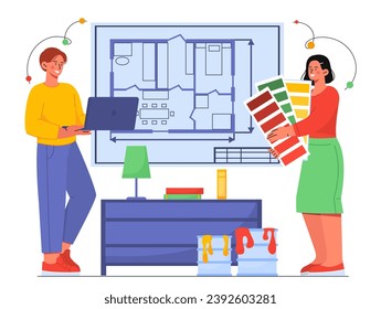 Interior designer with blueprint concept. Woman with palette and colors at paper and man with laptop. Buckets with paints. Cartoon flat vector illustration isolated on white background