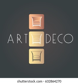 Interior Designer Brand Identity. Armchair Metallic Logo. Luxury Art Deco Style Furniture Sign.