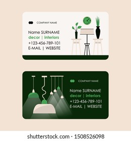 Interior designer business card of a living room, vector illustration in flat style. Modern decoration of cozy apartment, creative concept for comfortable lifestyle in urban interior.
