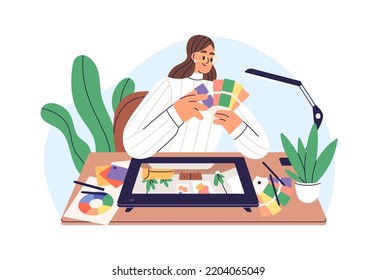 Interior designer choosing colour scheme for home design with color palettes. Work under house project, selecting matching paints. Flat graphic vector illustration isolated on white background