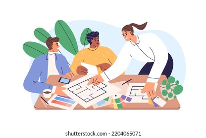 Diseño de interiores y comunicación de clientes, consulta, trabajo. Persona discutiendo el plano del piso, diseño de diseño con personas. Ilustración vectorial gráfica plana aislada en fondo blanco