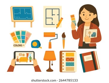 Interior designer with color palette and tablet surrounded by furniture, floor plans, fabric swatches, tools, and decor elements on white background. Flat vector illustration in design planning style