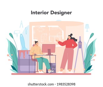 Concepto de diseño interior. Decorador que planea el diseño de una habitación, escogiendo el color de la pared y el estilo del mobiliario. Renovación de la casa. Ilustración vectorial plana aislada