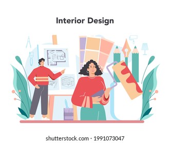 Concepto de diseño interior. Decorador que planea el diseño de una habitación, escogiendo el color de la pared y el estilo del mobiliario. Renovación de la casa. Ilustración vectorial plana aislada