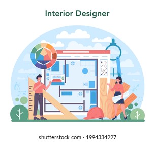 Interior designer concept. Decorator planning the design of a room, choosing wall color and furniture style. House renovation. Isolated flat vector illustration