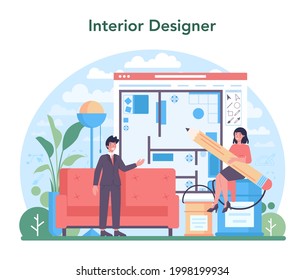 Interior designer concept. Decorator planning the design of a house, choosing wall color and furniture style. Home renovation. Isolated flat vector illustration