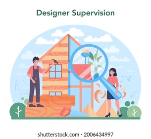 Interior designer concept. Decorator planning the design of a house, choosing wall color and furniture style. Home renovation. Isolated flat vector illustration