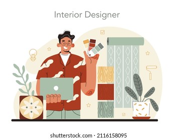 Interior designer concept. Decorator planning the design of a room, choosing wall color and furniture style. House interior renovation. Flat vector illustration