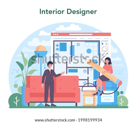 Interior designer concept. Decorator planning the design of a house, choosing wall color and furniture style. Home renovation. Isolated flat vector illustration