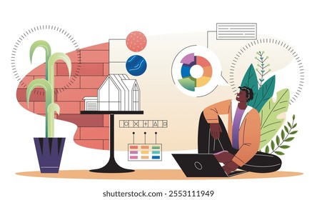 Interior designer concept. Man with laptop chooses colors for furniture. Planning interior of apartment or house. Room decorations. Flat vector illustration isolated on white background