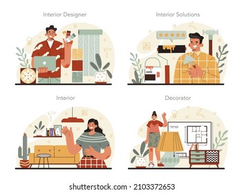 Interior designer concept set. Decorator planning the design of a room, choosing wall color and furniture style. House interior renovation. Flat vector illustration