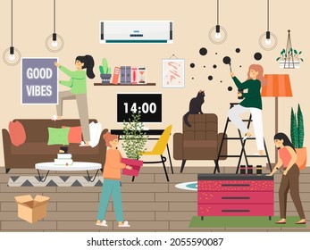 Interior designer decorating living room, vector illustration. Wall painting, Good vibes, houseplant. Home art, decor.