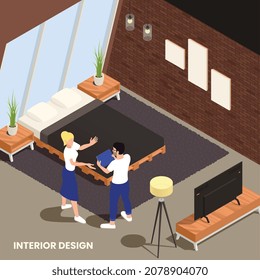 Interior designer discussing with client bedroom remodeling decoration defying customer style and preferences isometric composition vector illustration