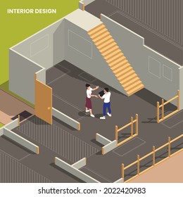 Interior Designer Discussing With Client Desired Look Within New House Building Suited For Inhabitants Isometric Vector Illustration