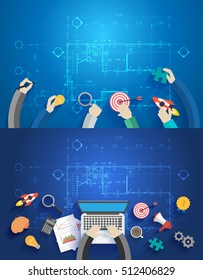 Interior designer discussing data working on laptop computer, Flat design analysis planning, consulting, teamwork, project management, brainstorming, research development, Vector illustration design