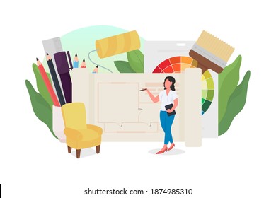 Interior designer flat concept vector illustration. Woman working on home renovation. House decorating professional. Professional architect 2D cartoon character for web design. Decorator creative idea