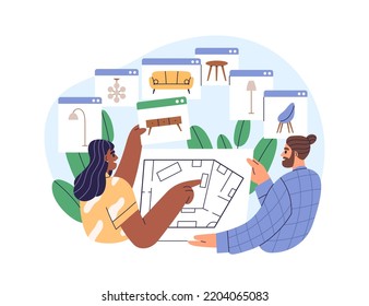 Apartamento de decoración de diseño interior. Elegir, discutir, organizar, recoger muebles para el hogar de los clientes. Consulta de diseño de casa. Ilustración vectorial gráfica plana aislada en fondo blanco