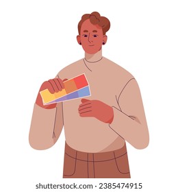 Interior designer holds color, paint palette. Creative man works with cold and warm shades. Design worker, professional architect. Art business. Flat isolated vector illustration on white background