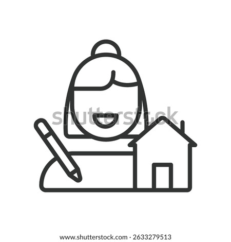 Interior designer, icon in line design. Interior designer, home decor, room layout, furniture, space planning, floor plan, interior style on white background vector. For the theme: interior designer e
