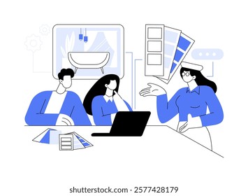 Interior designer isolated cartoon vector illustrations. Interior designer shares ideas with clients, discussing new project, choosing color palette, household maintenance vector cartoon.