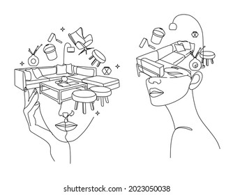 Interior Designer Minimal Logo. Line Art Woman With Interior Objects Flying Out Of Her Head. Sofa, Armchair, Paint, Brush, Vase