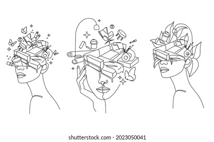 Interior Designer Minimal Logo. Line Art Woman With Interior Objects Flying Out Of Her Head. Sofa, Armchair, Paint, Brush, Vase