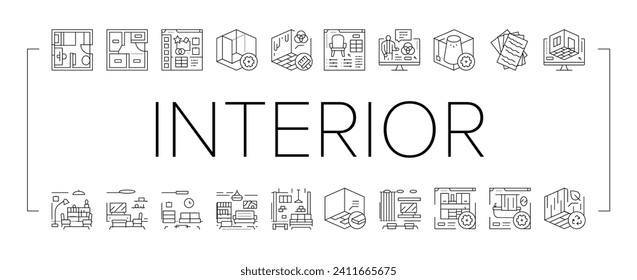 interior designer office icons set vector. architect project, designer architecture, house plan, drawing creative, meeting interior designer office black line illustrations