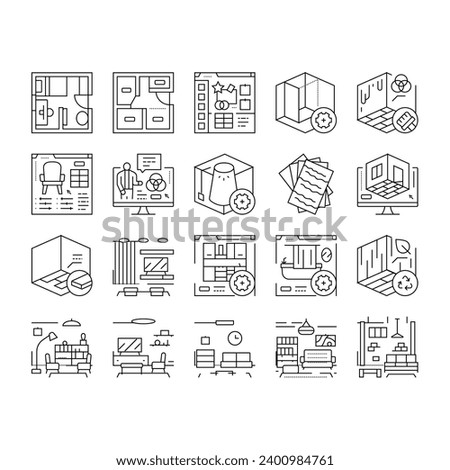 interior designer office icons set vector. architect project, designer architecture, house plan, drawing creative, meeting interior designer office black contour illustrations