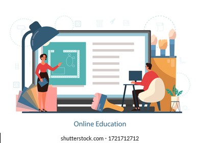 Interior designer online education or course platform. Decorator planning the design of room, choosing wall color and furniture style. House renovation. Vector illustration