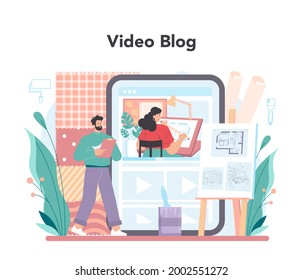Servicio o plataforma en línea de diseñador de interiores. Decorador que planea el diseño de una habitación, color de la pared y mobiliario. Video blog. Ilustración vectorial plana