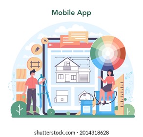 Servicio o plataforma en línea de diseñador de interiores. Decorador planificando el diseño de una casa. Renovación de viviendas. Aplicación móvil. Ilustración vectorial plana