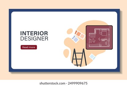 Interior designer poster. Blueprint with layout of apartment. Decoration and renovation indoors. Graphic element for website. Flat vector illustration isolated on beige background