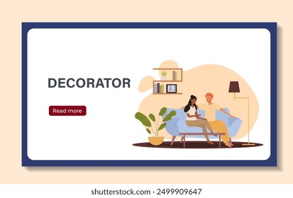 Interior designer poster. Man and woman sitting on sofa. Comfortable and convenient apartment. Beautiful furniture in home room. Flat vector illustration isolated on beige background