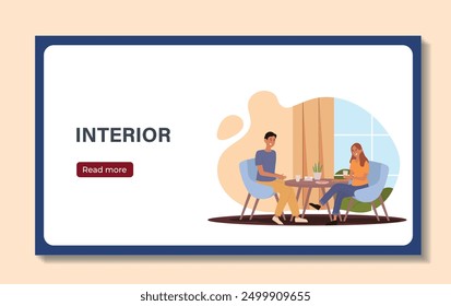 Interior designer poster. Man and woman sitting at table with hot drink. Friends in comfortable room with furniture. Template and layout. Flat vector illustration isolated on beige background