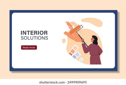 Interior designer poster. Woman with roller painting wall. Young girl with interior solutions. Cover or banner for website. Flat vector illustration isolated on beige background