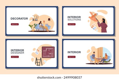 Interior designer posters set. Man and woman sitting on sofa and at table. Young girl with paintroller and blueprint of room. Furnishing apartment. Flat vector collection isolated on beige background