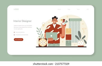 Interior designer web banner or landing page. Decorator planning the design of a room, choosing wall color and furniture style. House interior renovation. Flat vector illustration