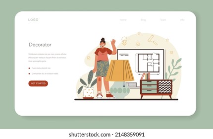 Interior designer web banner or landing page. Decorator planning the design of a room, choosing wall color and furniture style. House interior renovation. Flat vector illustration