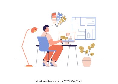 Interior designer web concept with people scene. Man placing furniture for future apartment, creating blueprint, working with color palette. Character situation in flat design. Vector illustration.