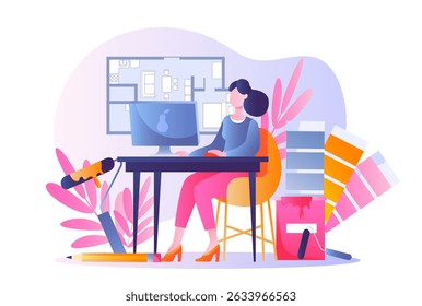 Interior designer woman. Young girl sits at computer near apartment blueprint. Businesswoman chooses furniture for room. Comfort and coziness. Flat vector illustration