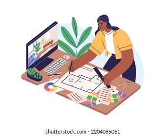 Diseñador de interiores en el trabajo, plano de planta baja, creación de la distribución del hogar con mobiliario. Mujer trabajando en un proyecto de diseño de casa en una mesa de computadoras. Ilustración vectorial plana aislada en fondo blanco