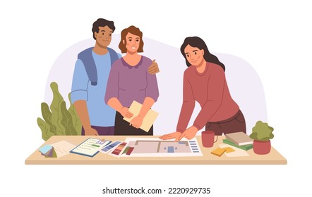 Diseñador de interiores trabajando con clientes, haciendo proyecto de casa para la pareja. Elegir conceptos y colores para el hogar. Caricatura plana, vector de estilo plano