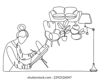 An interior designer is working on a project. World Interiors Day. One line drawing for different uses. Vector illustration.