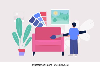 Interior designer working in the room. Character making design project. Colorful flat vector illustration.