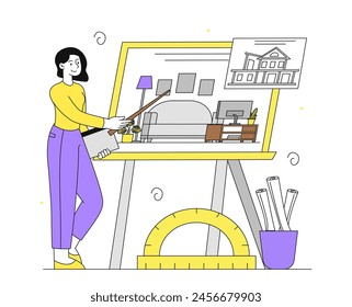 Interior designer at workplace simple. Woman with pointer near blueprint and scheme. Furniture for apartment and home room. Doodle flat vector illustration isolated on white background