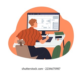 Interior designer works at computer, drawing draft, house project. Creative drafter designing apartment plan at desktop PC screen with tablet. Flat vector illustration isolated on white background