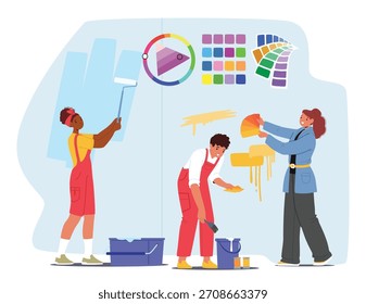 Interior designers and decorators team choosing color palette and coloring walls for room transformation cartoon scene. Aesthetic planning renovation in creative collaboration vector illustration