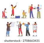 Interior designers and decorators working on room styling at different ways. Professional cartoon characters providing diverse tasks in multifaceted process of space transformation vector illustration