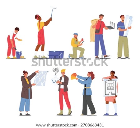 Interior designers and decorators working on room styling at different ways. Professional cartoon characters providing diverse tasks in multifaceted process of space transformation vector illustration