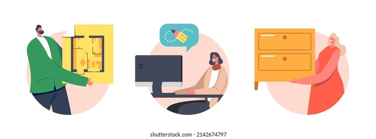 Interior Designers Digital Art, Creative Design Profession Isolated Icons. Characters Create Graphics Layout of Apartment, Work on Computer, Create Furniture. Cartoon People Vector Illustration